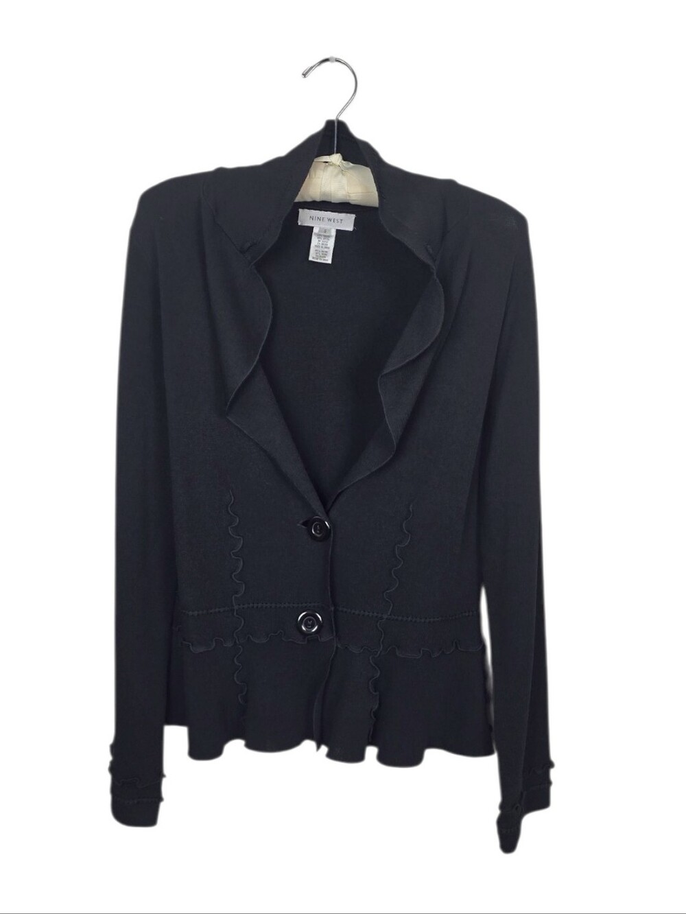 Nine West Ruffled Two Button Knit Jersey Cardigan Sweater Black Small